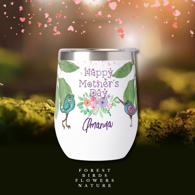 Aves cortas, flores y tipografía (Cute Birds, Floral & Typography Thermal Wine Tumbler )