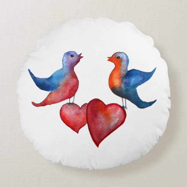 Aves de amor, arte acuarela Redondo cojín de lanza (Anverso)