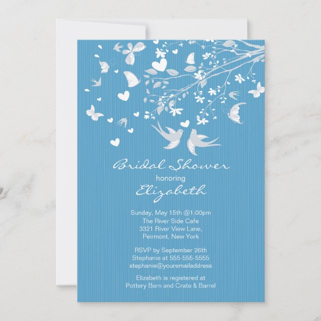 Aves de amor azul modernas invitaciones a la ducha (Anverso)
