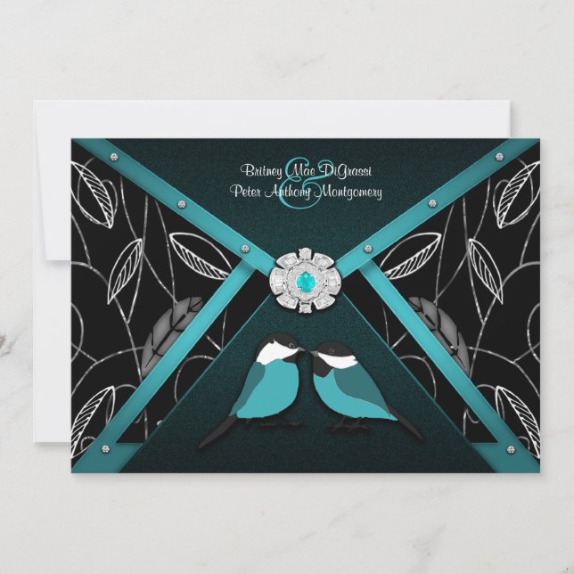 Aves de amor azules y negros Invitaciones a la bod (Anverso)