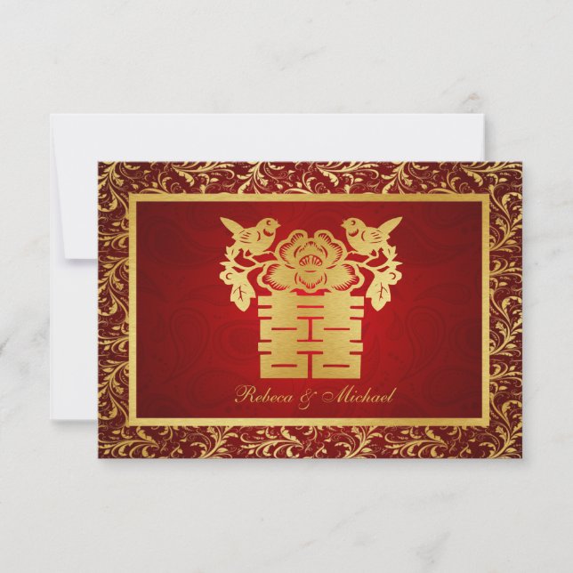 Aves de amor chinas tarjetas RSVP de doble felicid (Anverso)