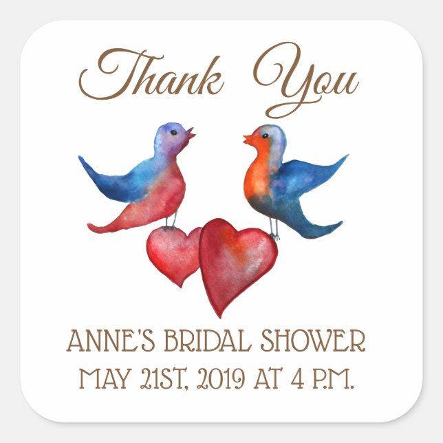 Aves de amor, corazones Pegatinas de Bridal Shower (Anverso)