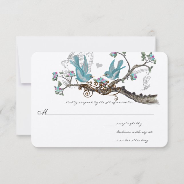 Aves de amor forestal Aqua Boda rosa RSVP (Anverso)