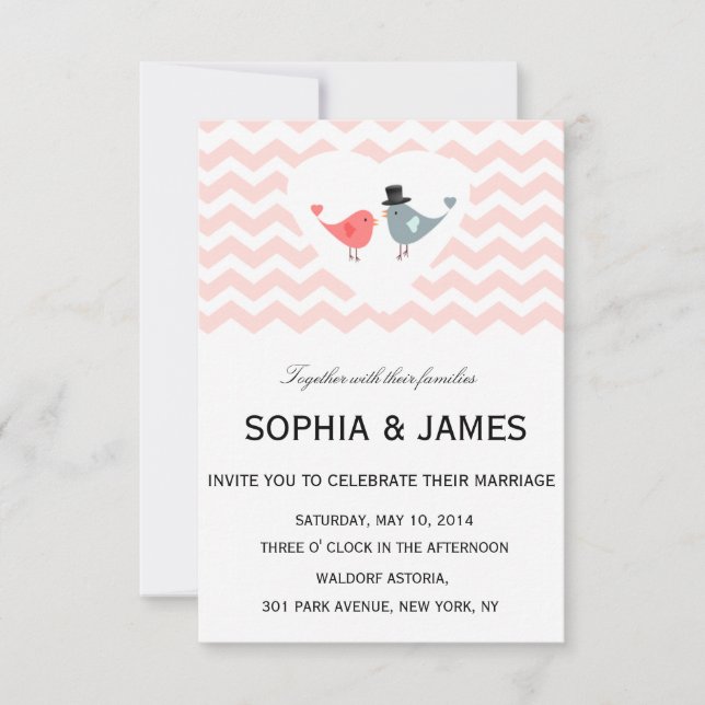 Aves de Amor Invitación a Boda Chevron Corazón (Anverso)