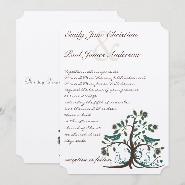 Aves de amor Invitación a la boda de un árbol Verd (Anverso / Reverso)