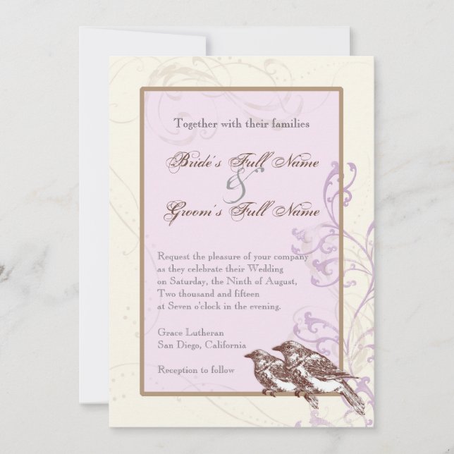 Aves de amor 'n encaje - Invitación a la boda lila (Anverso)