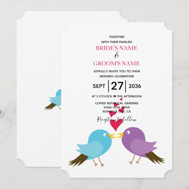 Aves de amor y corazones Invitaciones a la boda (Anverso / Reverso)