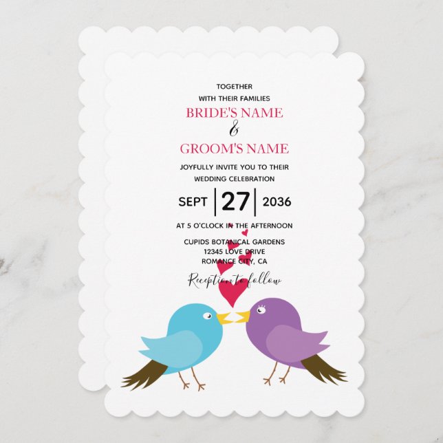 Aves de amor y corazones Invitaciones a la boda (Anverso / Reverso)