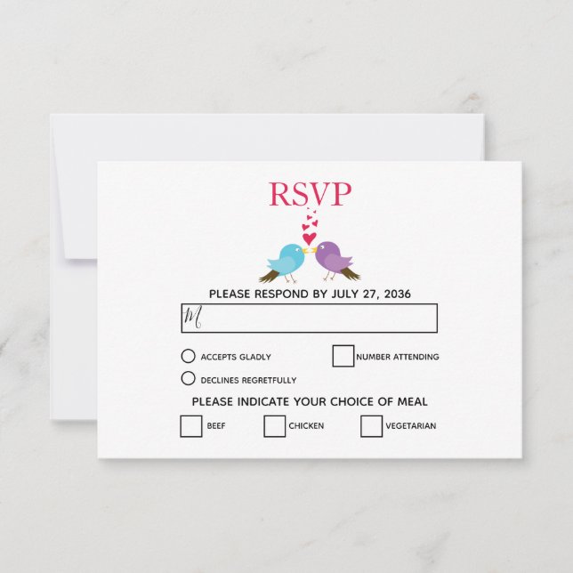 Aves de amor y tarjetas RSVP de boda de corazón (Anverso)