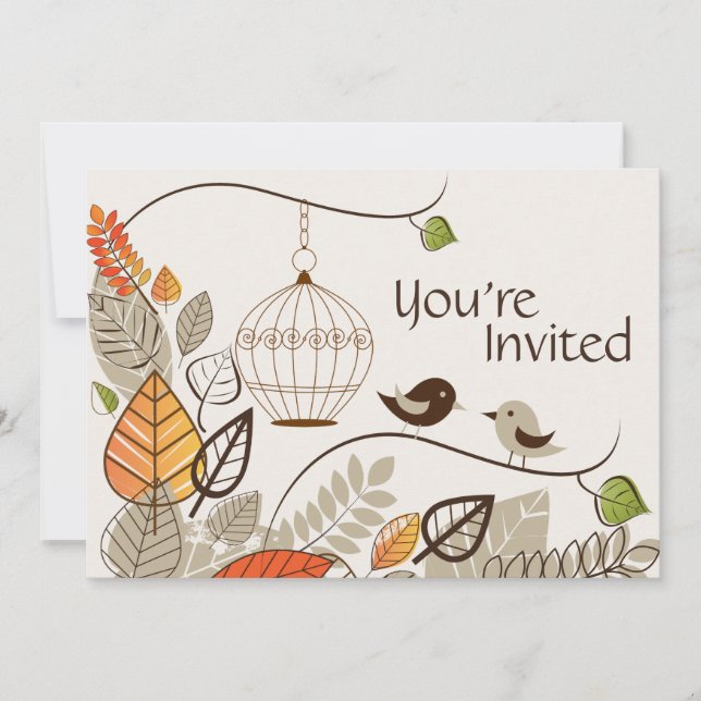 Aves de otoño y hojas invitaciones a la boda casua (Anverso)