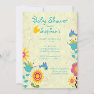 Aves de primavera y flores cortas Invitación Baby