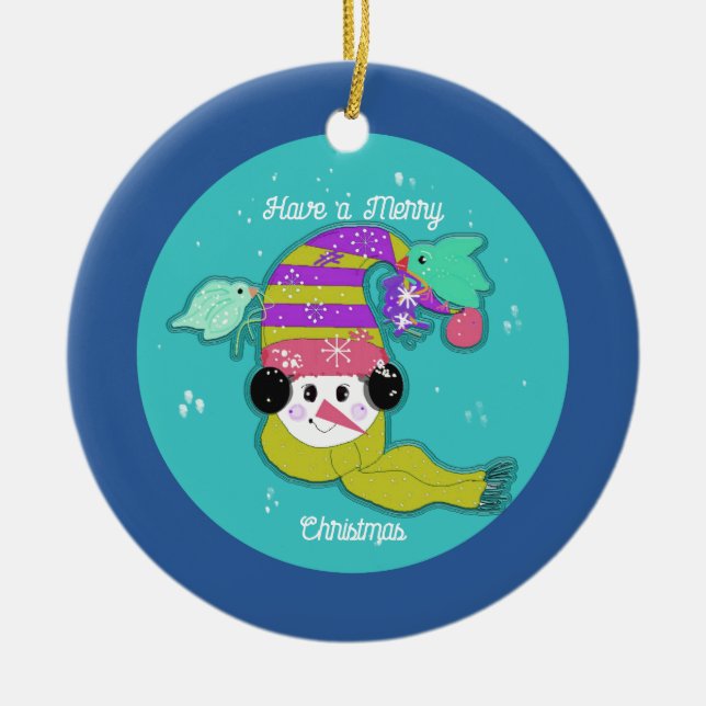 Aves de Snowman Feliz Navidad Ornamento cerámico (Frente)