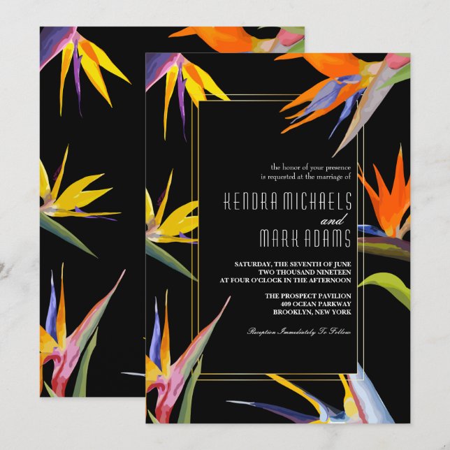 Aves del paraíso, invitaciones a bodas florales (Anverso / Reverso)
