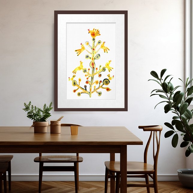 Aves en el árbol de la vida Arte Popular acuarela (Birds in Tree of Life Folk Art Watercolor Poster
)