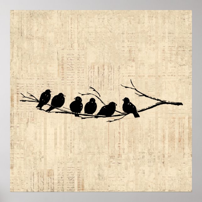 Aves en la rama del árbol de arte de aves viejas (Frente)
