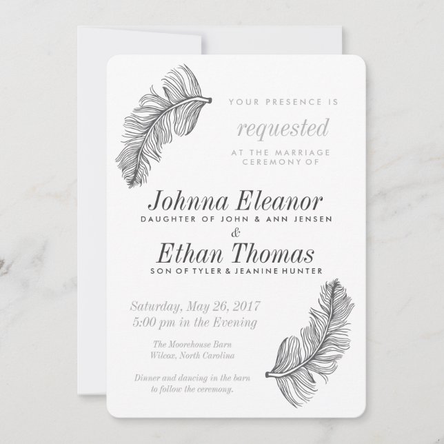 Aves grises de una boda de plumas invitaciones (Anverso)