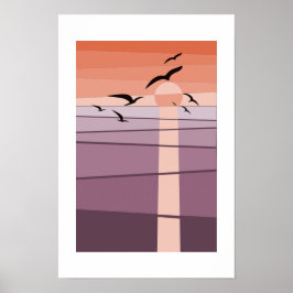 Aves marinas voladoras en arte púrpura naranja al