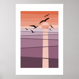 Aves marinas voladoras en arte púrpura naranja al