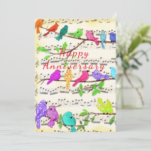 Aves musicales alegres con tarjeta de aniversario