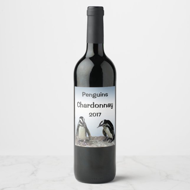 Aves pingüinas Etiqueta azul de vino blanco negro (Anverso)