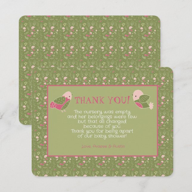 Aves ricas verdes y rosas Baby Shower gracias (Anverso / Reverso)