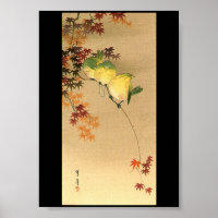 Aves verdes en el árbol de arce, arte japonés c.18