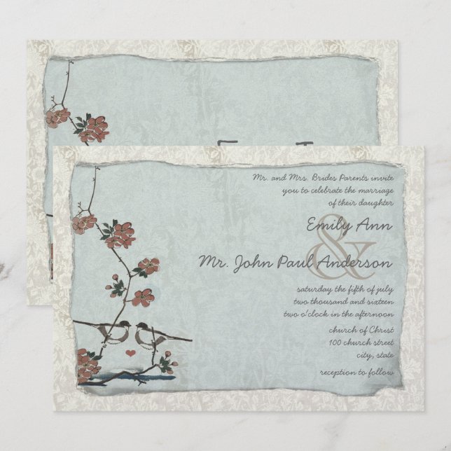 Aves Vintage Damask Invitaciones de matrimonio (Anverso / Reverso)