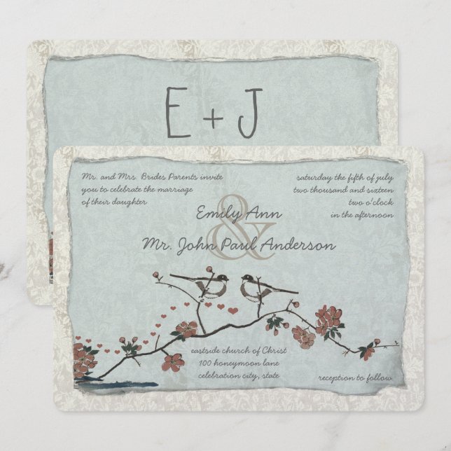 Aves Vintage Damask Invitaciones de matrimonio (Anverso / Reverso)