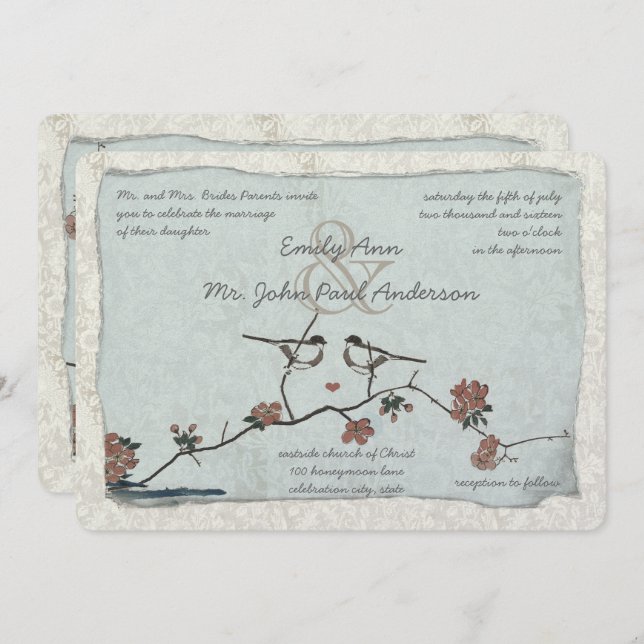 Aves Vintage Damask Invitaciones de matrimonio (Anverso / Reverso)