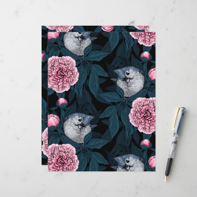 Aves y flores de peón rosadas con hojas (Anverso/Reverso In Situ)