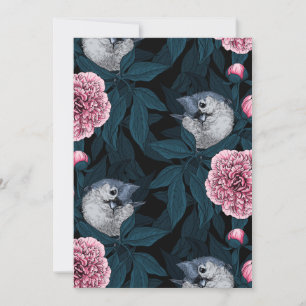 Aves y flores de peón rosadas con hojas