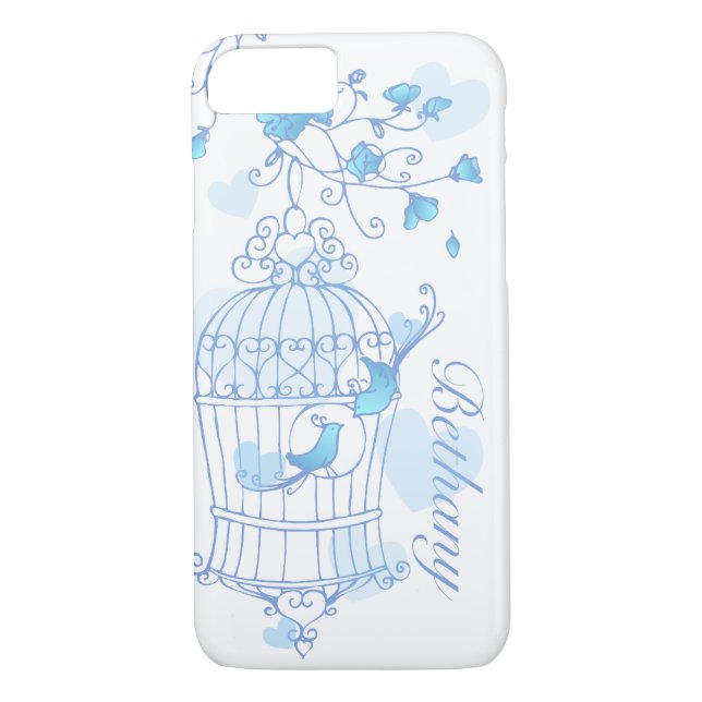 Aves y jaula funda de nombre azul acuático (Reverso)