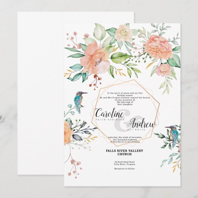 Aves y Rosas - Tarjeta de invitación a la boda (Anverso / Reverso)