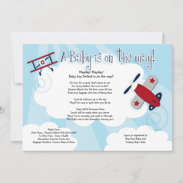 Avión BABY AVIATOR 5x7 Baby Shower Invitación (Anverso)