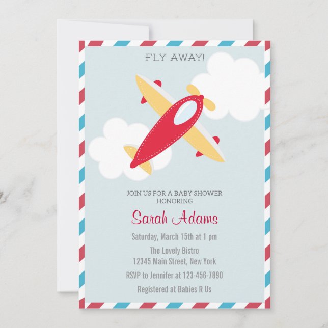 Avión Baby Shower Invitación Azul Rojo (Anverso)