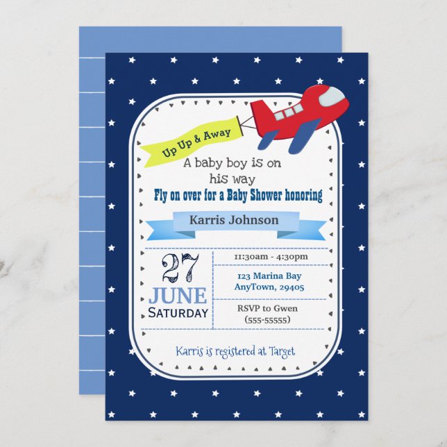 Avión Baby Shower invitación rojo y azul de la mar (Anverso / Reverso)