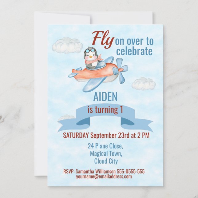 Avión Cute Penguin Blue Invitación de primer cumpl (Anverso)