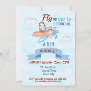 Avión Cute Penguin Blue Invitación de primer cumpl