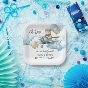 Avión de Oso de Peluche Plato de Papel Azul