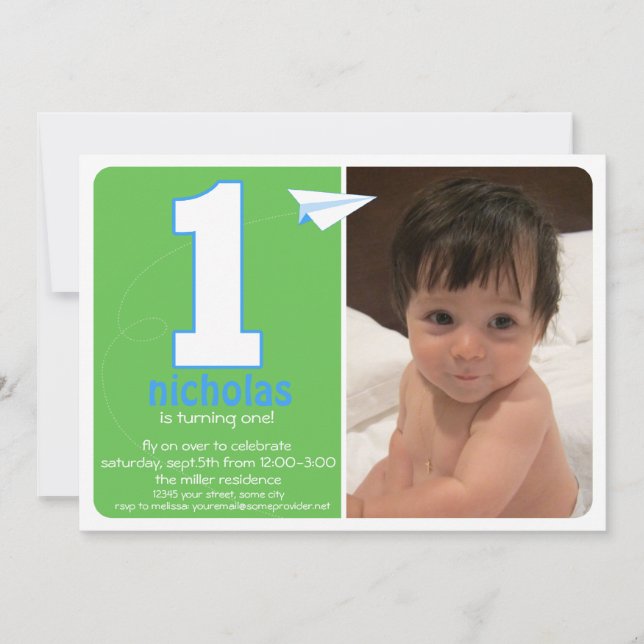Avión de papel Hip de un año de foto invitación 2 (Anverso)