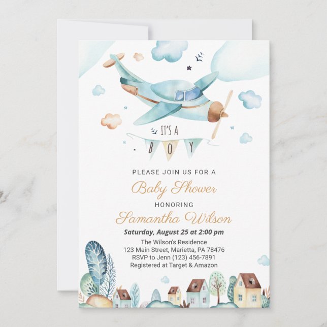 Avión es una invitación de un niño a Baby Shower (Anverso)