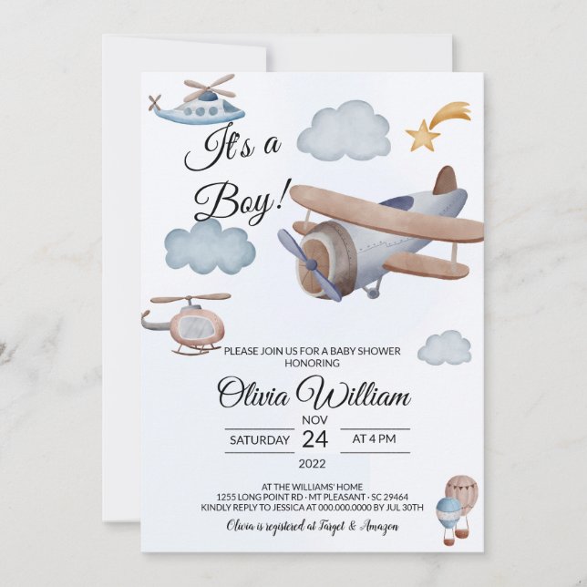 Avión es una invitación de un niño a Baby Shower (Anverso)
