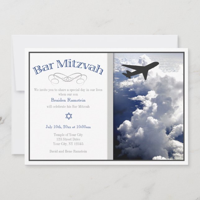 Avión sobre las nubes bar invitaciones a Mitzvah (Anverso)