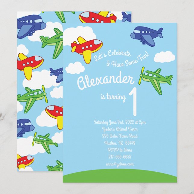 Aviones 1º cumpleaños Invitaciones de Cute Boy (Anverso / Reverso)