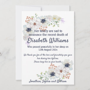 Aviso de la tarjeta de arreglos funerarios de muer