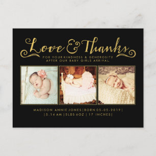 Aviso de nacimiento de bebé dorado y ver postal