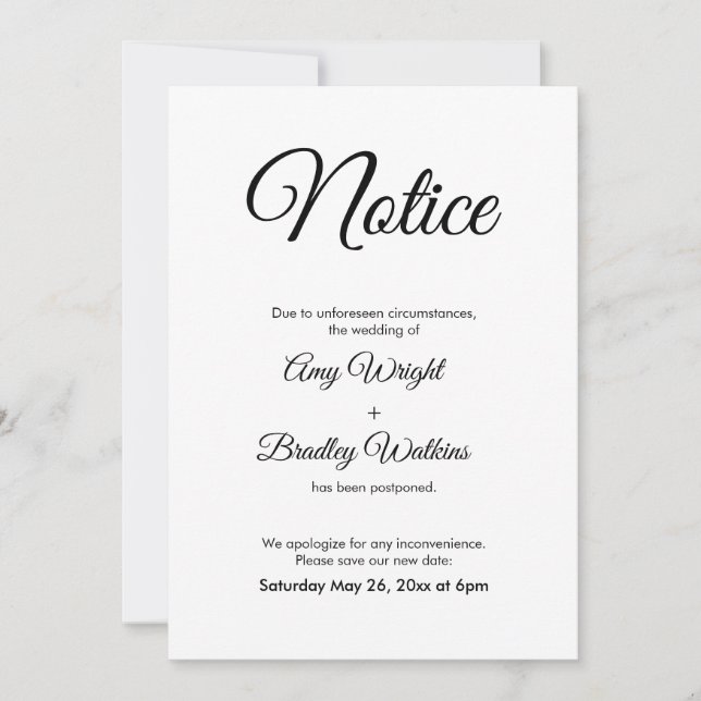 Aviso elegante de Invitación Boda pospuesto (Anverso)