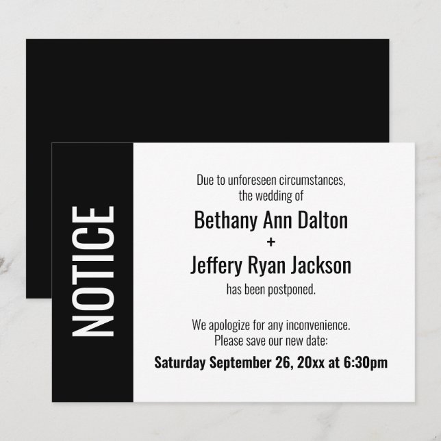 Aviso en negrita, Invitación Boda pospuesta (Anverso / Reverso)