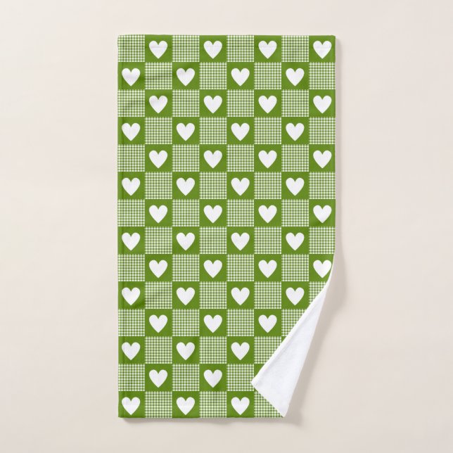 Avocado Green Gingham Heart Patch Plaid Towel (Toalla de mano)