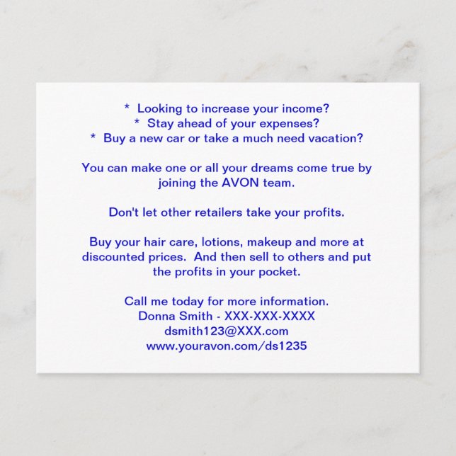 AVON que recluta la postal (Anverso)